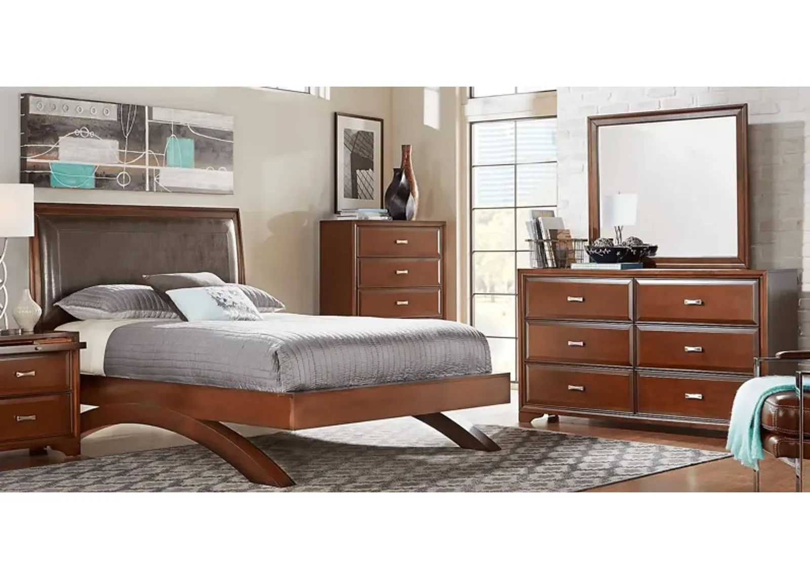 Belcourt Brown Cherry 5 Pc King Upholstered Sleigh Arch Bedroom