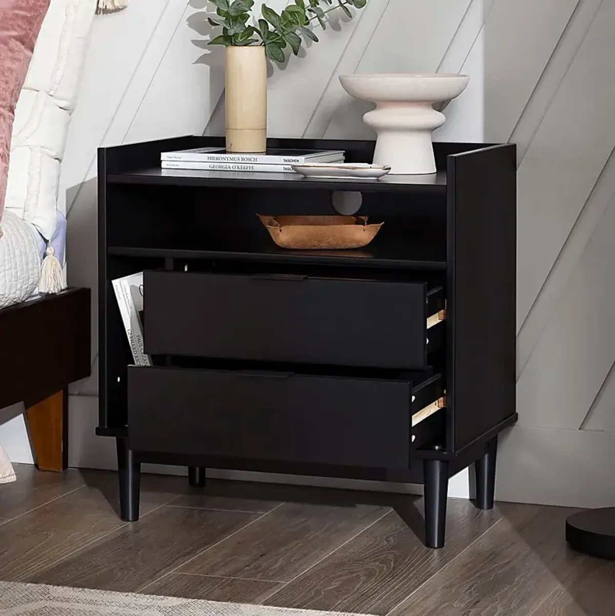 Symelo 2 Drawer Black Nightstand