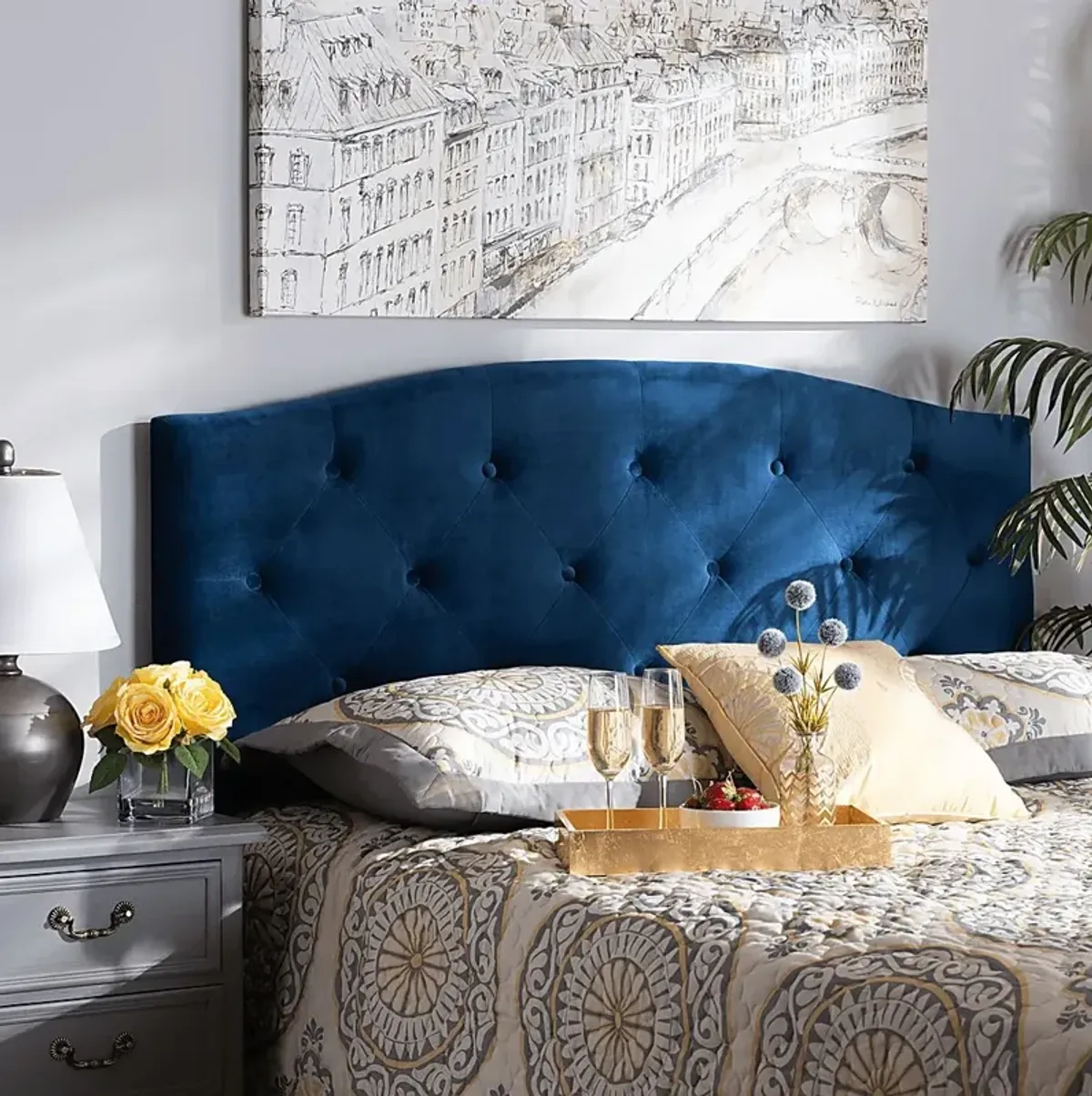 Broxbourne Navy Blue Queen Upholstered Headboard