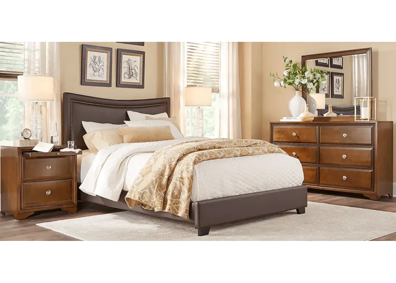 Belcourt Brown Cherry 5 Pc Bedroom with Genoa Brown Queen Upholstered Bed