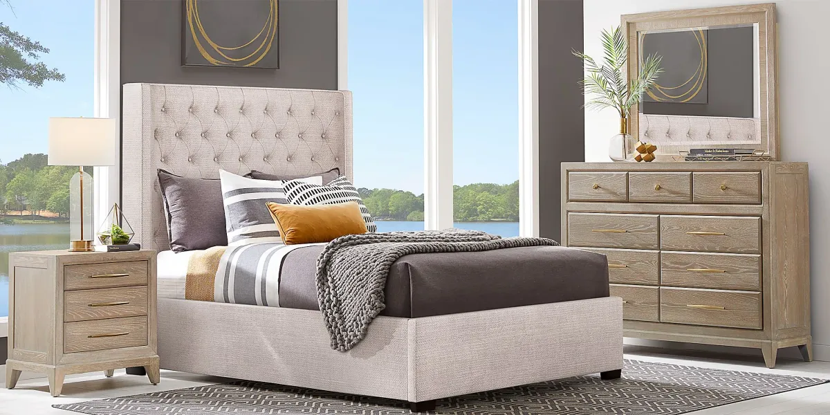 Kailey Park Light Oak 5 Pc Bedroom With Harlow Hill Taupe Queen Upholstered Bed