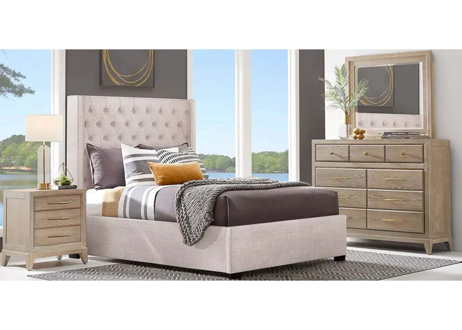 Kailey Park Light Oak 5 Pc Bedroom With Harlow Hill Taupe Queen Upholstered Bed