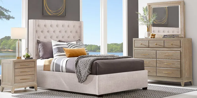 Kailey Park Light Oak 5 Pc Bedroom With Harlow Hill Taupe Queen Upholstered Bed