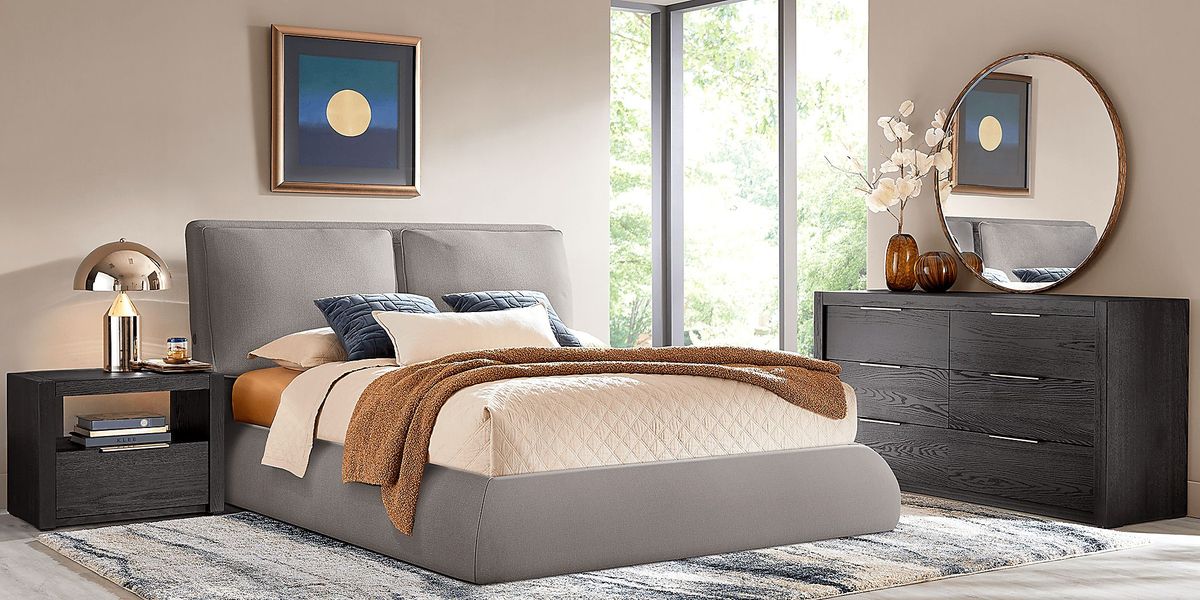 York Mills Gray 3 Pc Queen Upholstered Bed