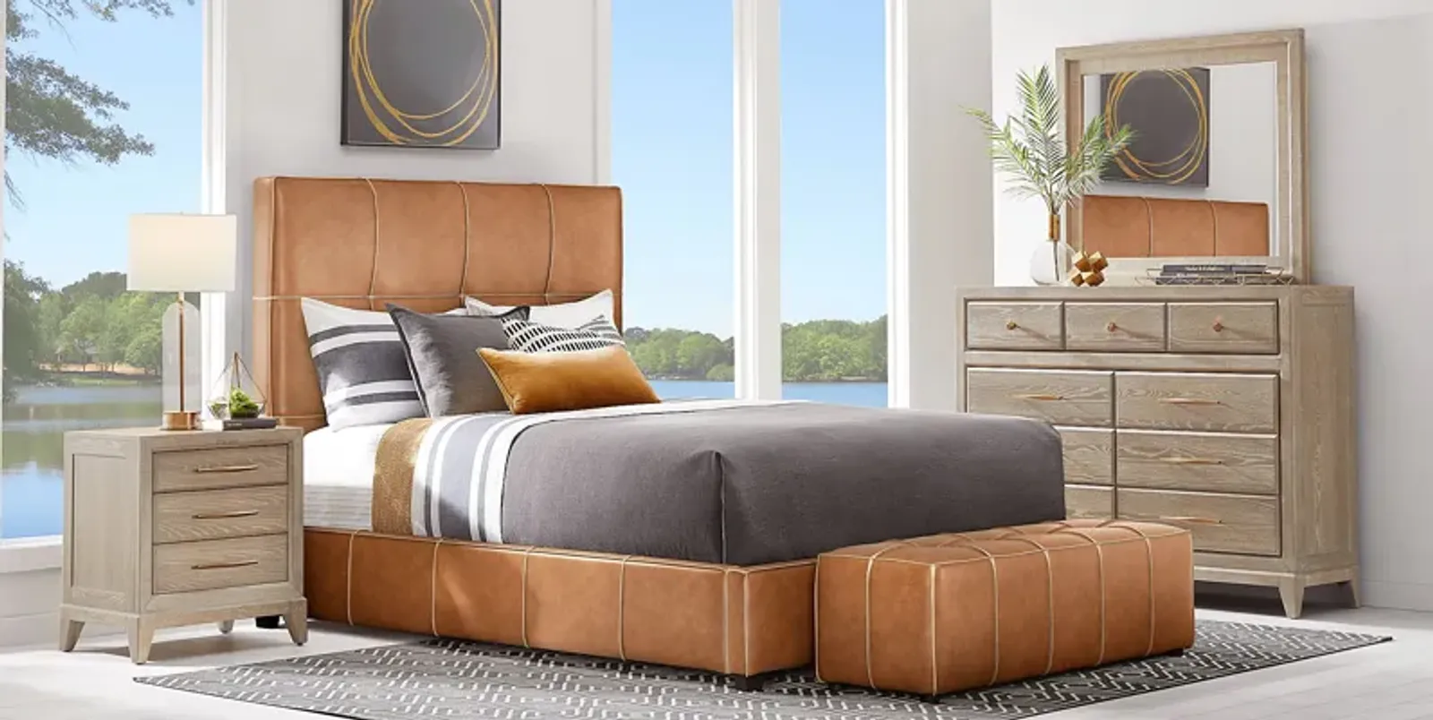 Cindy Crawford Home Kailey Park Oak 5pc Bedroom with Giselle Camel Queen Upholstered Bed