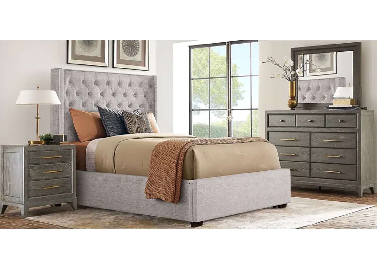 Kailey Park Charcoal 5 Pc Bedroom With Harlow Hill Gray Queen Upholstered Storage Bed