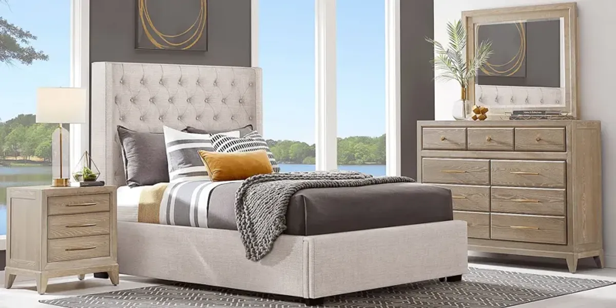 Kailey Park Light Oak 5 Pc Bedroom With Harlow Hill Taupe Queen Upholstered Storage Bed