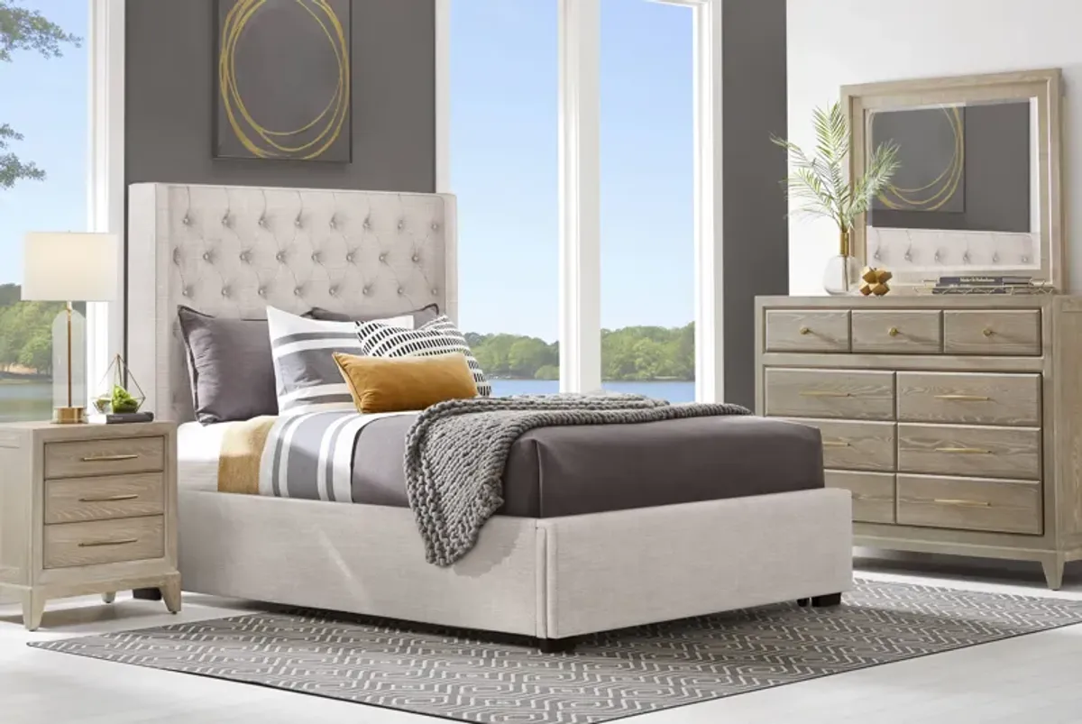 Kailey Park Light Oak 5 Pc Bedroom With Harlow Hill Taupe King Upholstered Storage Bed