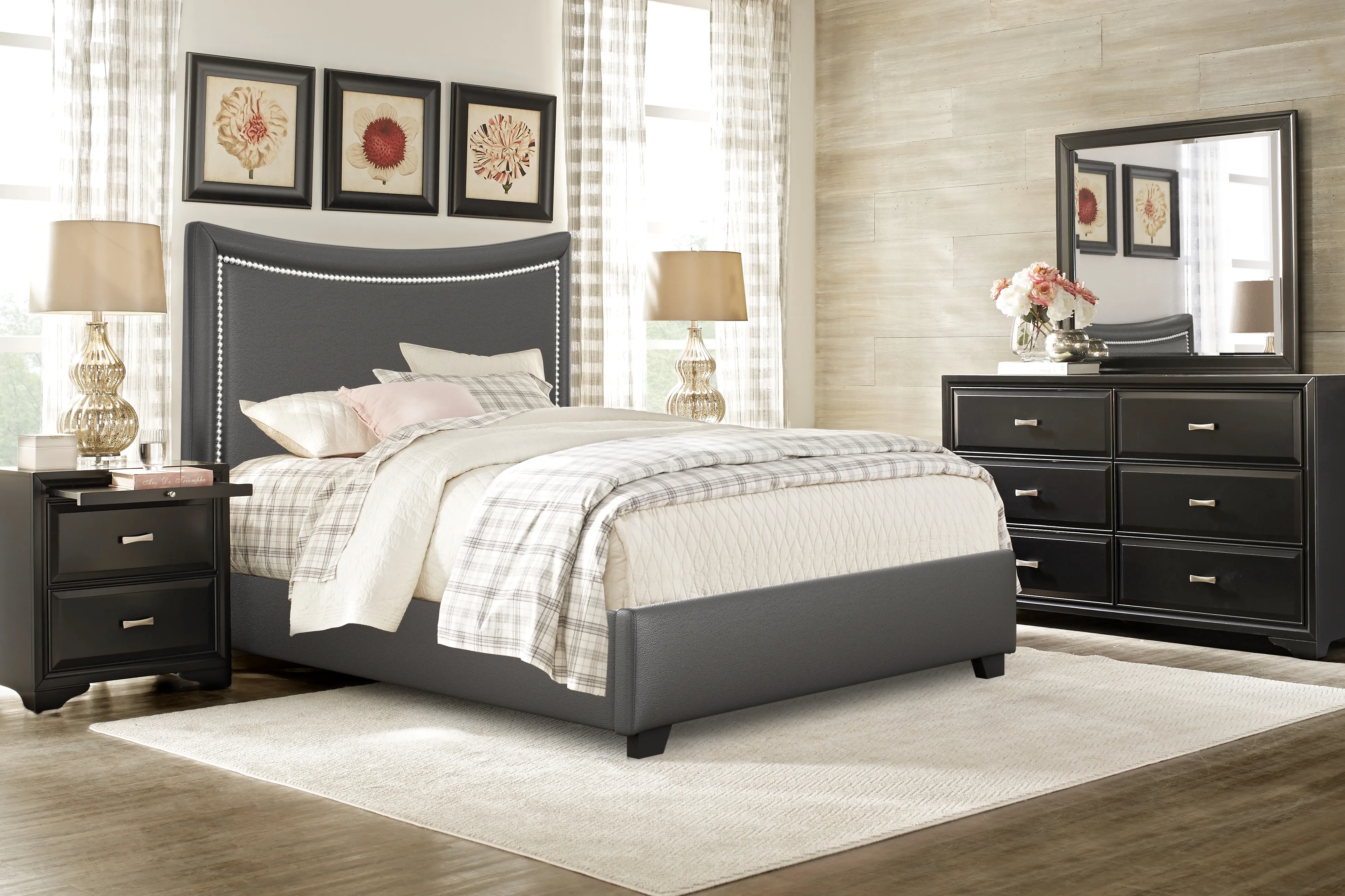 Belcourt Black 7 Pc Bedroom with Genoa Gray Queen Upholstered Bed