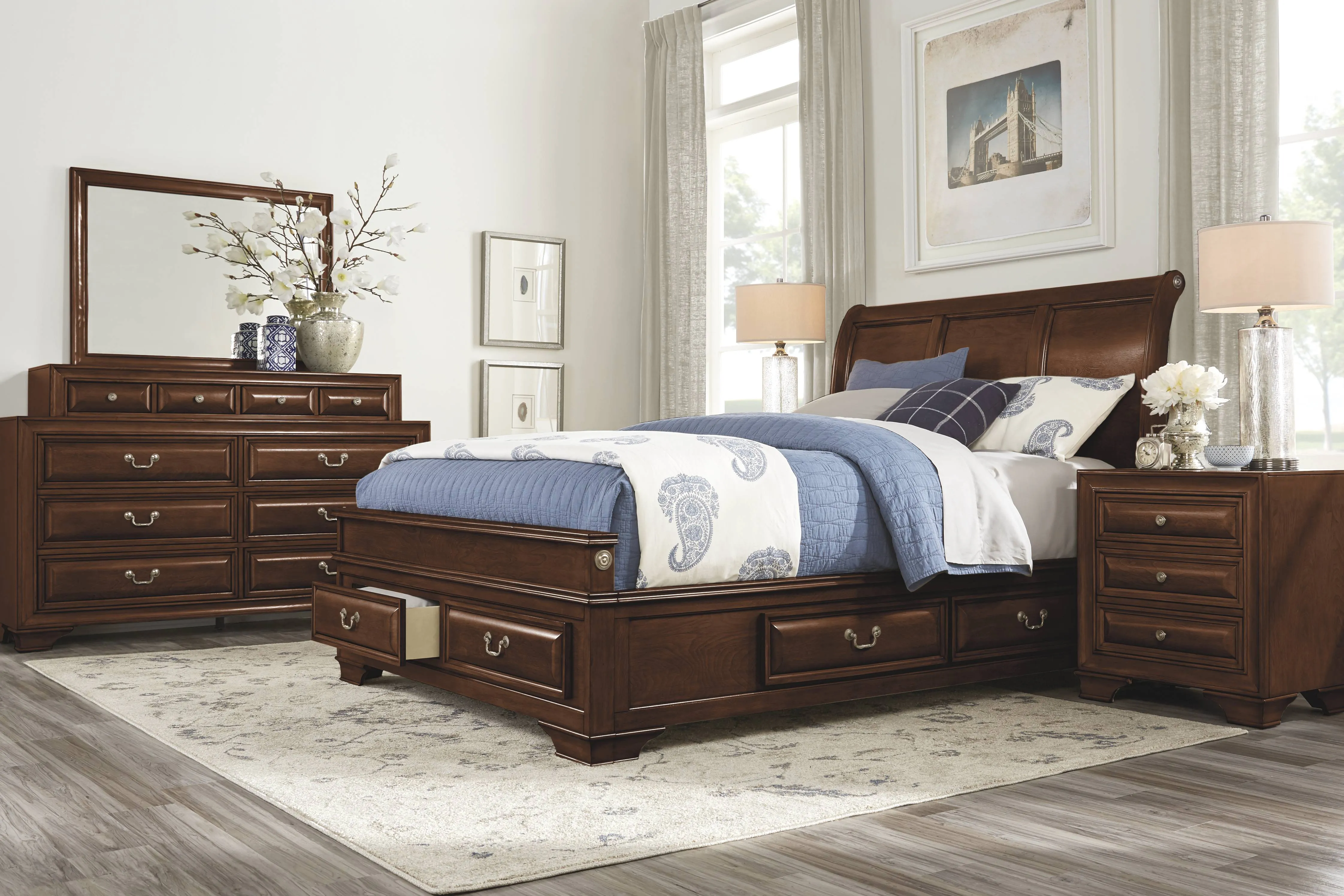 Mill Valley II Cherry 7 Pc King Sleigh Bedroom with Storage