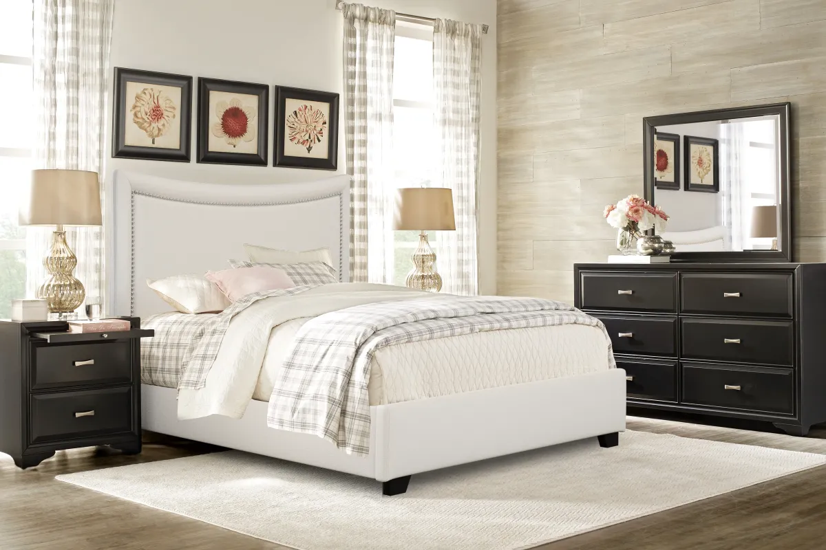 Belcourt Black 7 Pc Bedroom with Genoa Ivory Queen Upholstered Bed