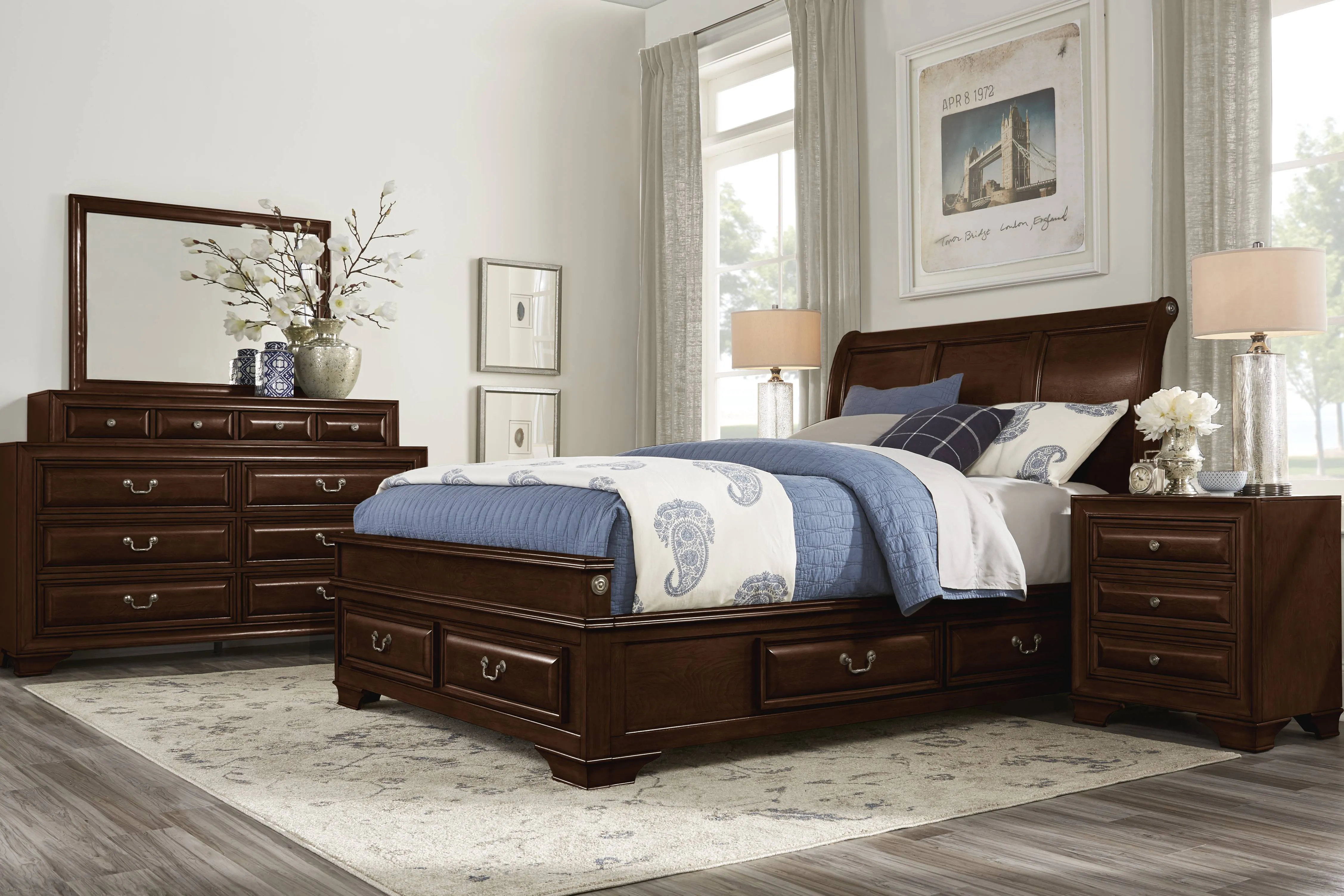 Mill Valley II Cherry Finish 7 Pc King Sleigh Bedroom with Storage