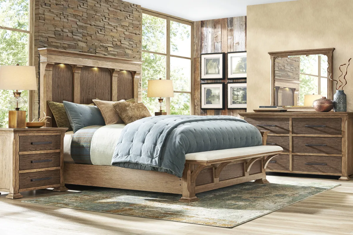 Telluride Brown 7 Pc King Panel Bedroom with Upholstered Bench