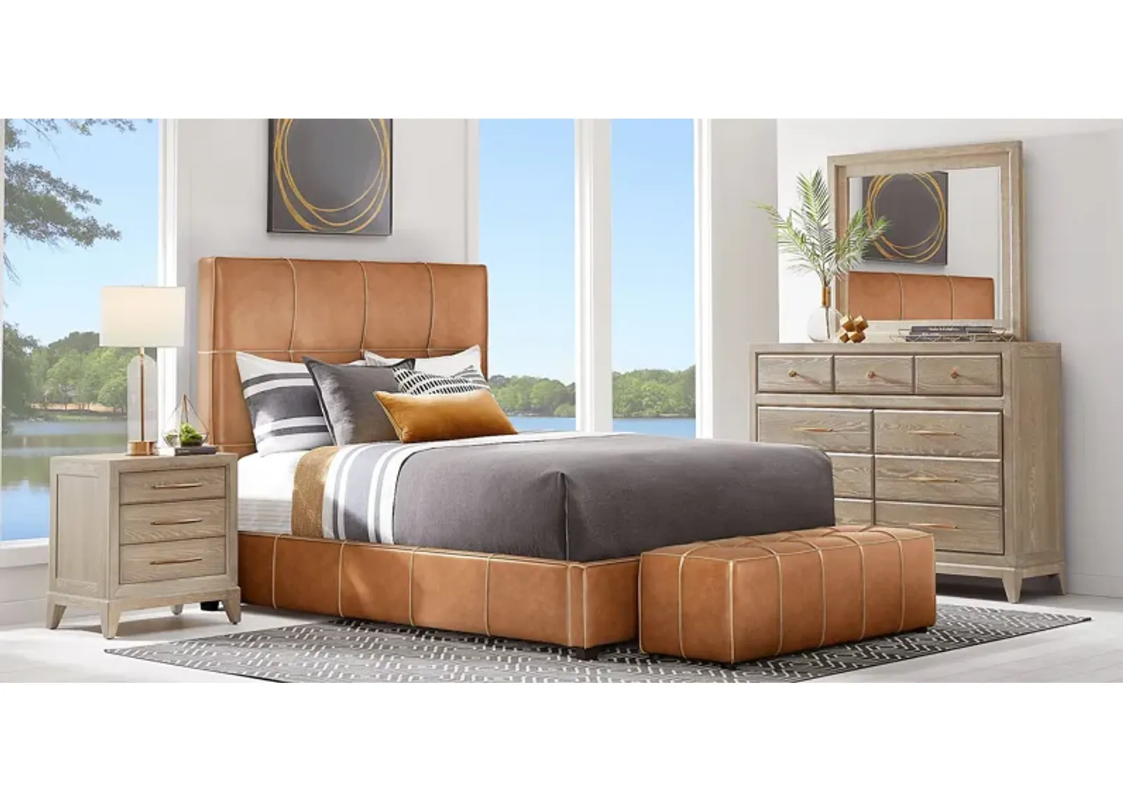 Cindy Crawford Home Kailey Park Oak 5pc Bedroom with Giselle Camel King Upholstered Bed