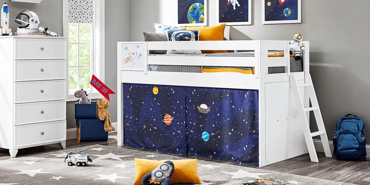 Kids Blast Off White Twin Loft Bed with Activity Panel