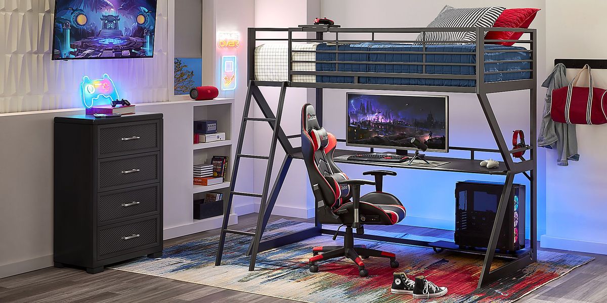 Kids Carbon Optix Black Full Gaming Loft Bed with LED Lights and Accessories