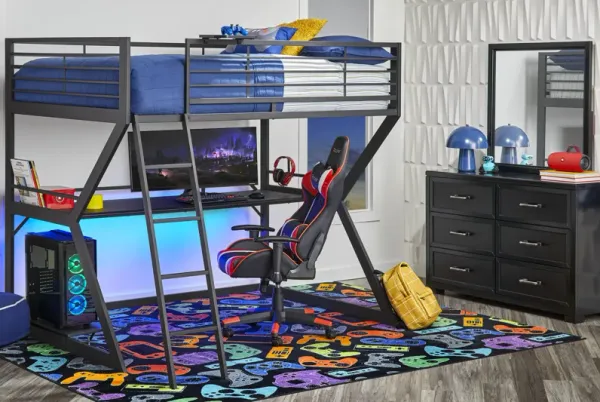 Kids Carbon Optix Black Full Gaming Loft Bed with LED Lights and Accessories
