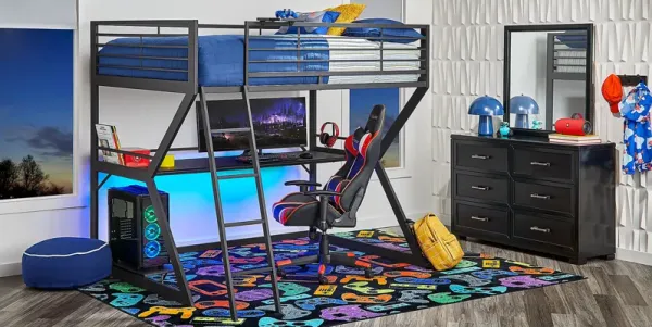Kids Carbon Optix Black Full Gaming Loft Bed with LED Lights and Accessories