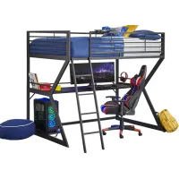 Kids Carbon Optix Black Full Gaming Loft Bed with LED Lights and Accessories