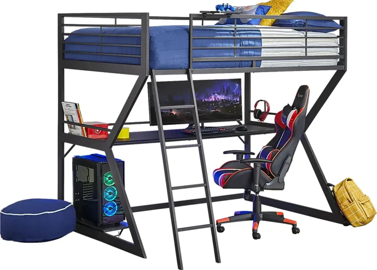 Kids Carbon Optix Black Full Gaming Loft Bed with LED Lights and Accessories