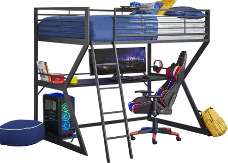 Kids Carbon Optix Black Full Gaming Loft Bed with LED Lights and Accessories
