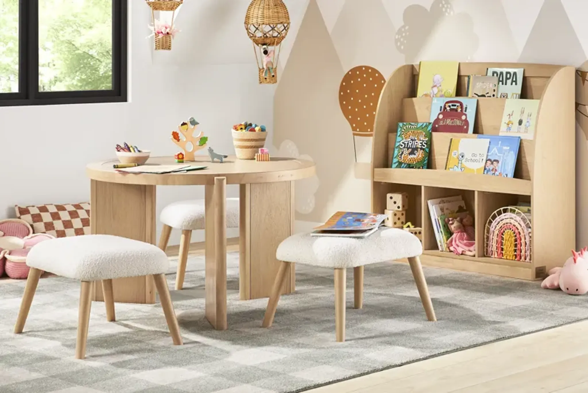 Kids Hidden Hills Light Oak Bookcase and Play Table with Three Stools ...