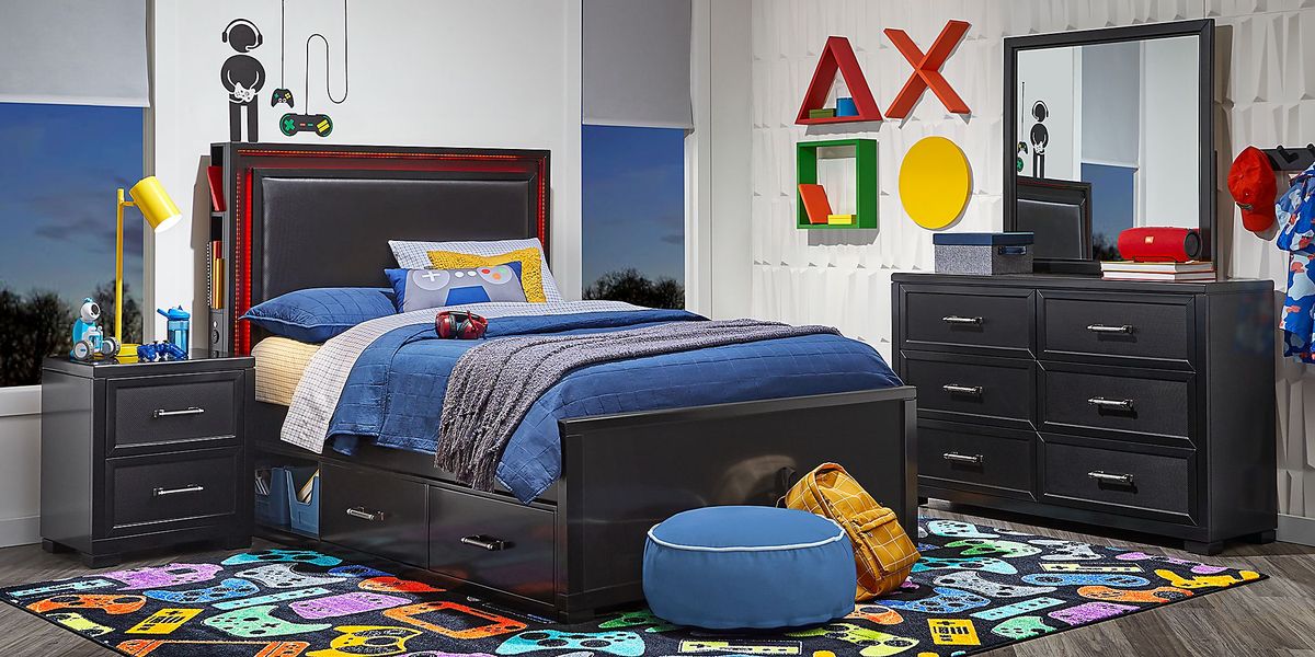 Kids Carbon Optix Black 3 Pc Full Bed with LED Lights