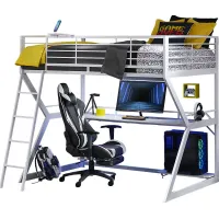 Kids Carbon Optix White Full Gaming Loft Bed with LED Lights and Accessories