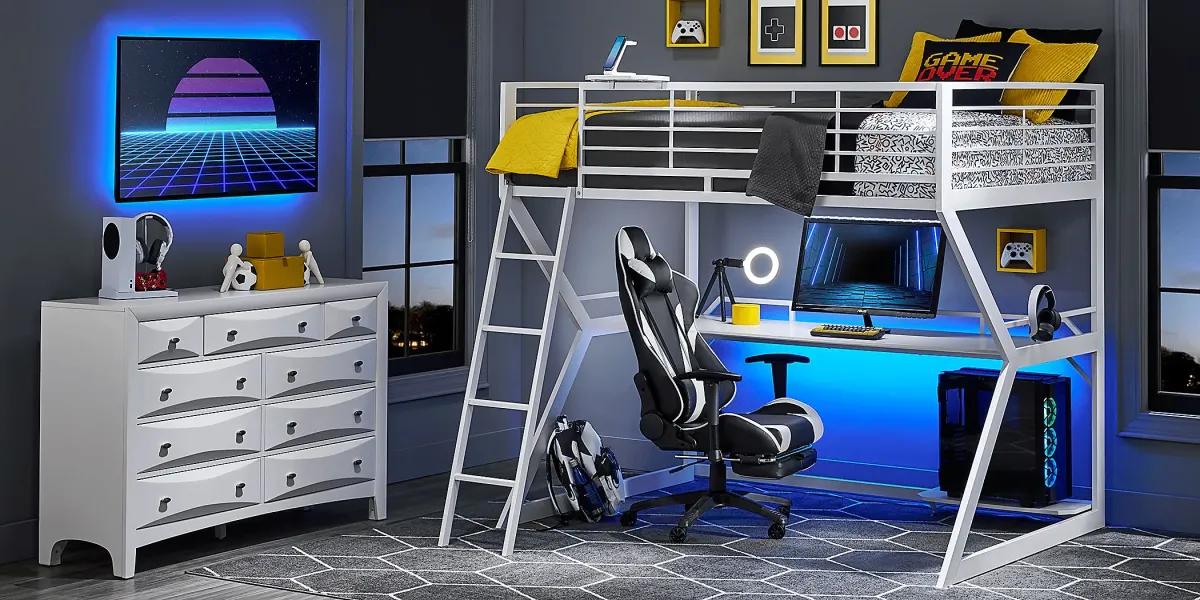 Kids Carbon Optix White Full Gaming Loft Bed with LED Lights and Accessories