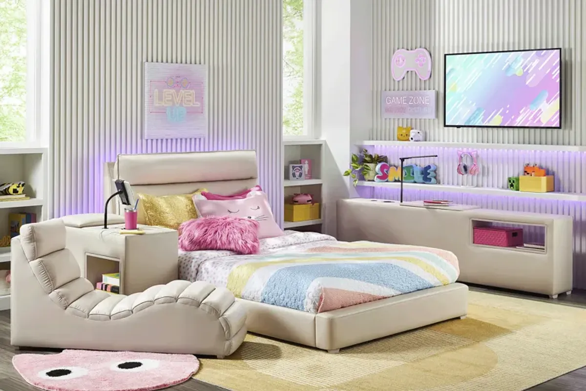 Kids Cloud9 Cream Twin Upholstered Bed with Nightstand