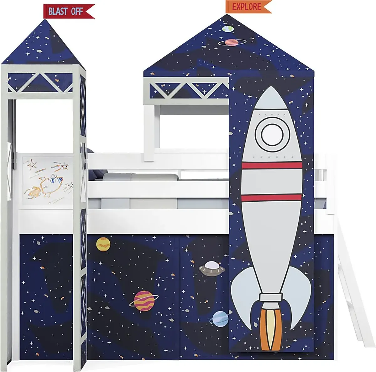 Kids Blast Off White Twin Loft Bed with Activity Panel, Tower and Tent