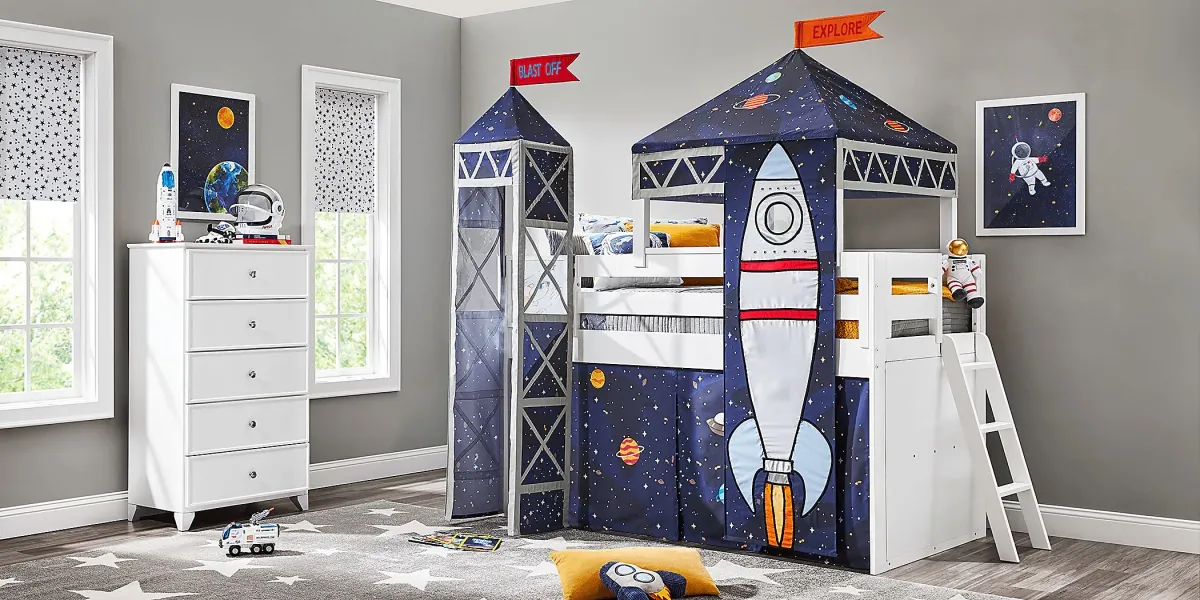Kids Blast Off White Twin Loft Bed with Activity Panel, Tower and Tent