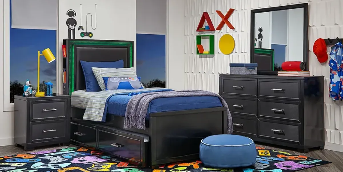 Kids Carbon Optix Black 5 Pc Twin Bedroom with LED Lights