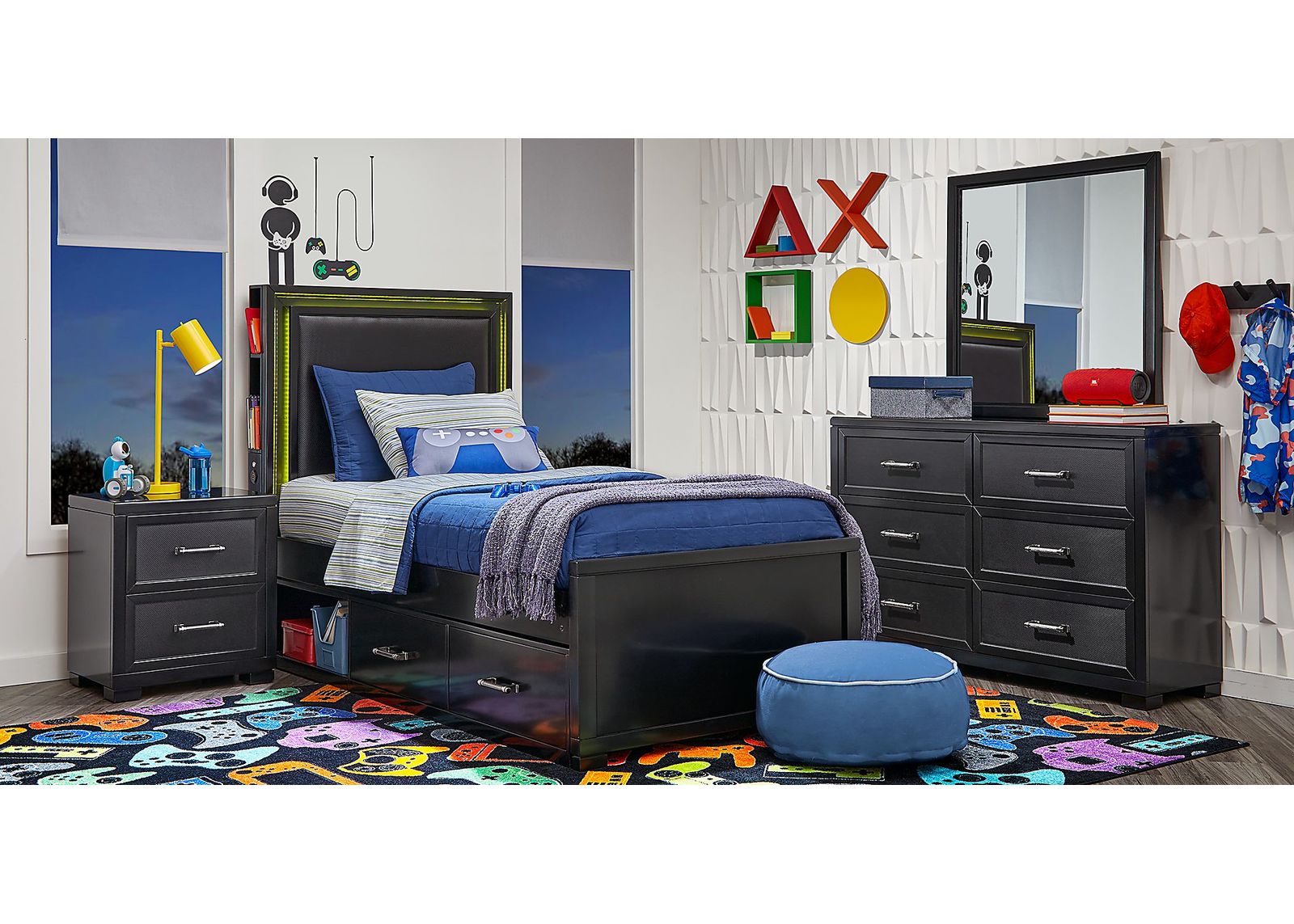 Kids Carbon Optix Black 5 Pc Twin Bedroom with LED Lights