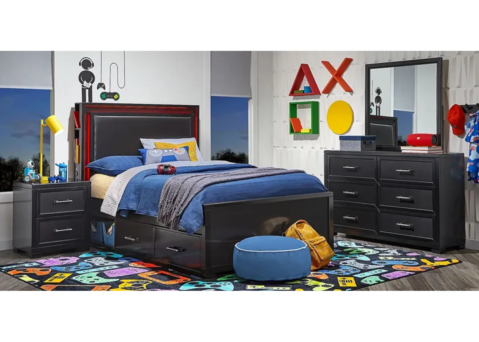 Kids Carbon Optix Black 5 Pc Full Bedroom with LED Lights