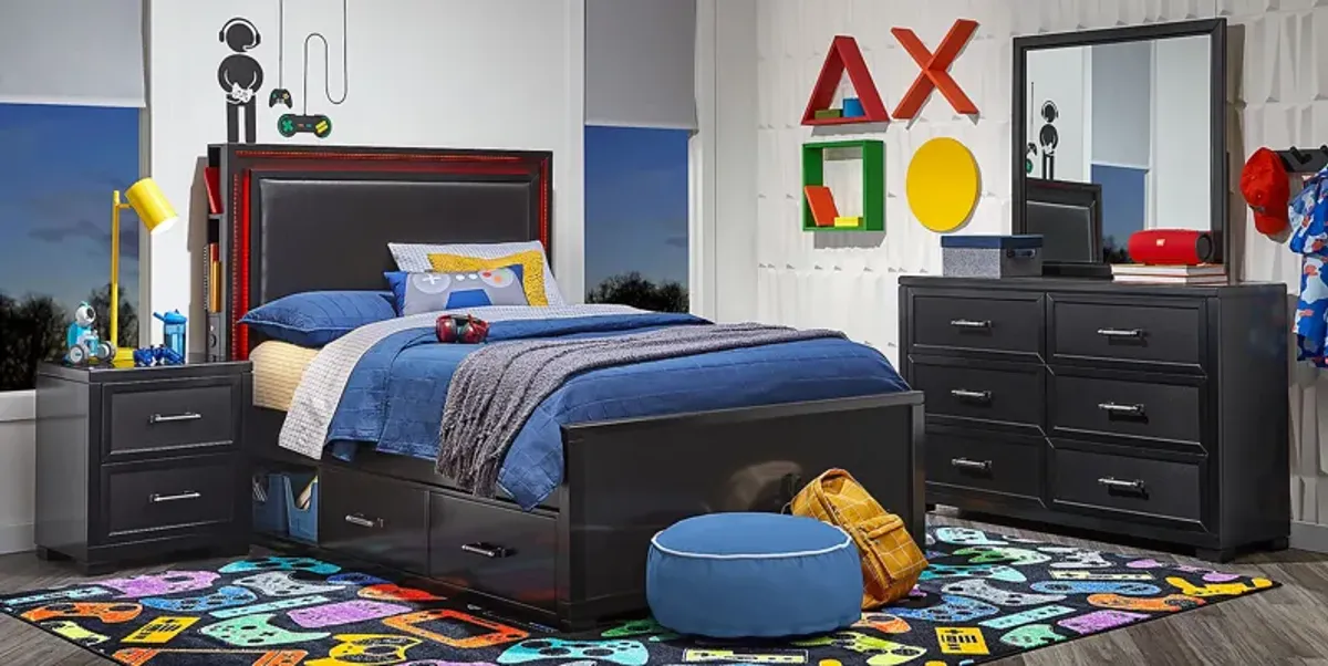 Kids Carbon Optix Black 5 Pc Full Bedroom with LED Lights