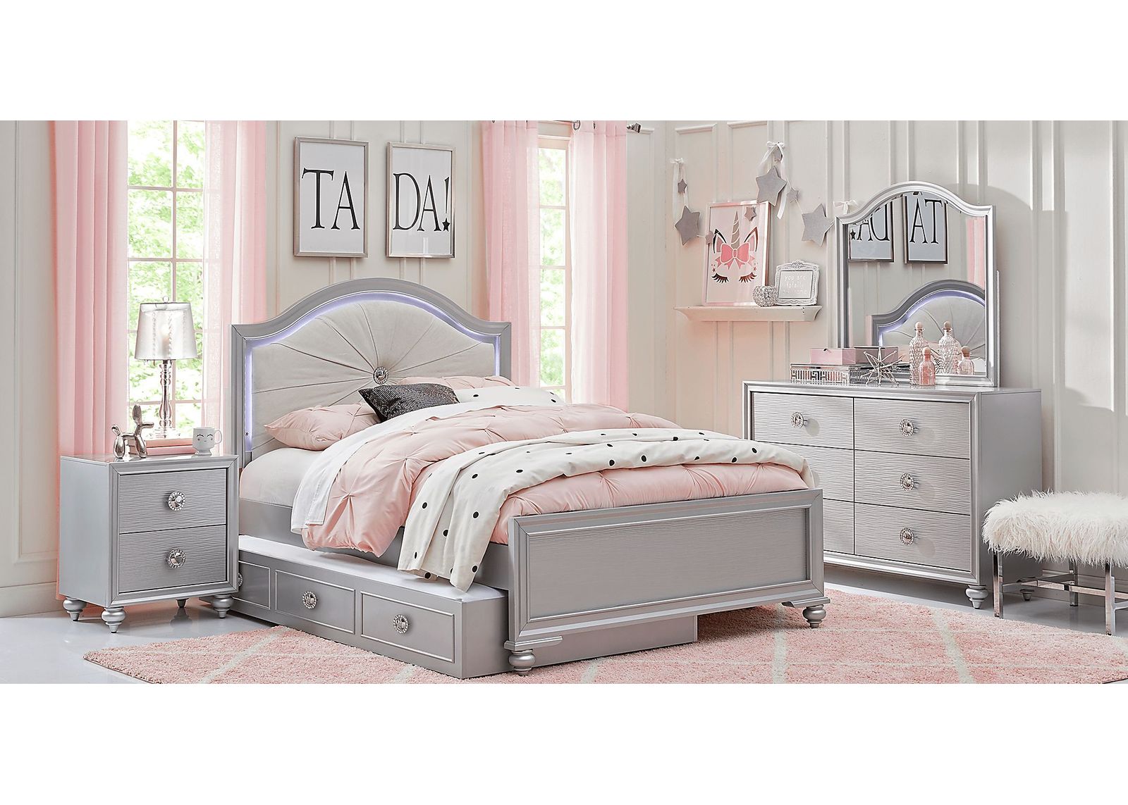 Kids Evangeline Silver 5 Pc Twin Lighted Upholstered Bedroom