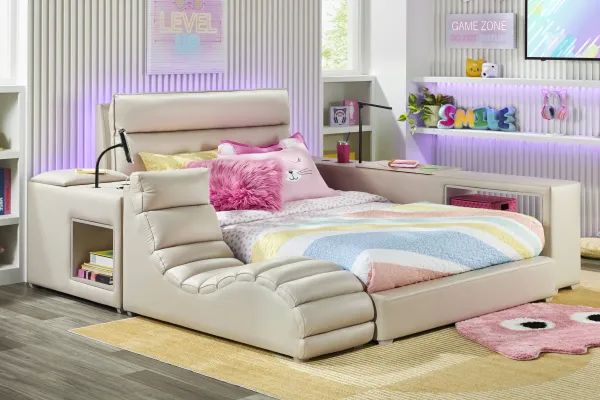 Kids Cloud9 Cream Twin Upholstered Bed with Nightstand and Lounger