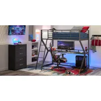 Kids Carbon Optix Black 2 Pc Twin Loft Gaming Bedroom with LED Lights and Accessories