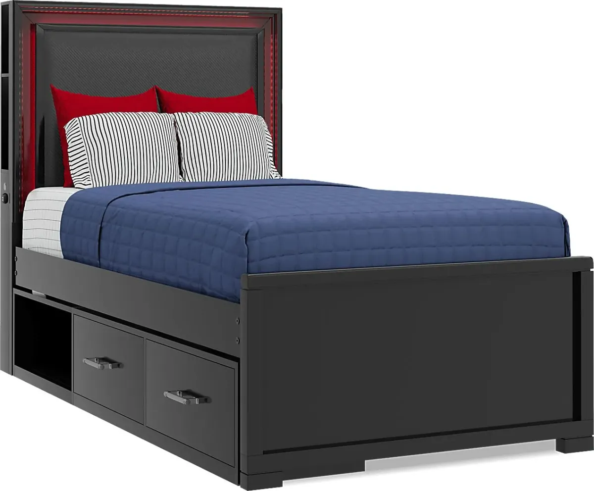 Kids Carbon Optix Black Twin Storage Bed with LED Lights