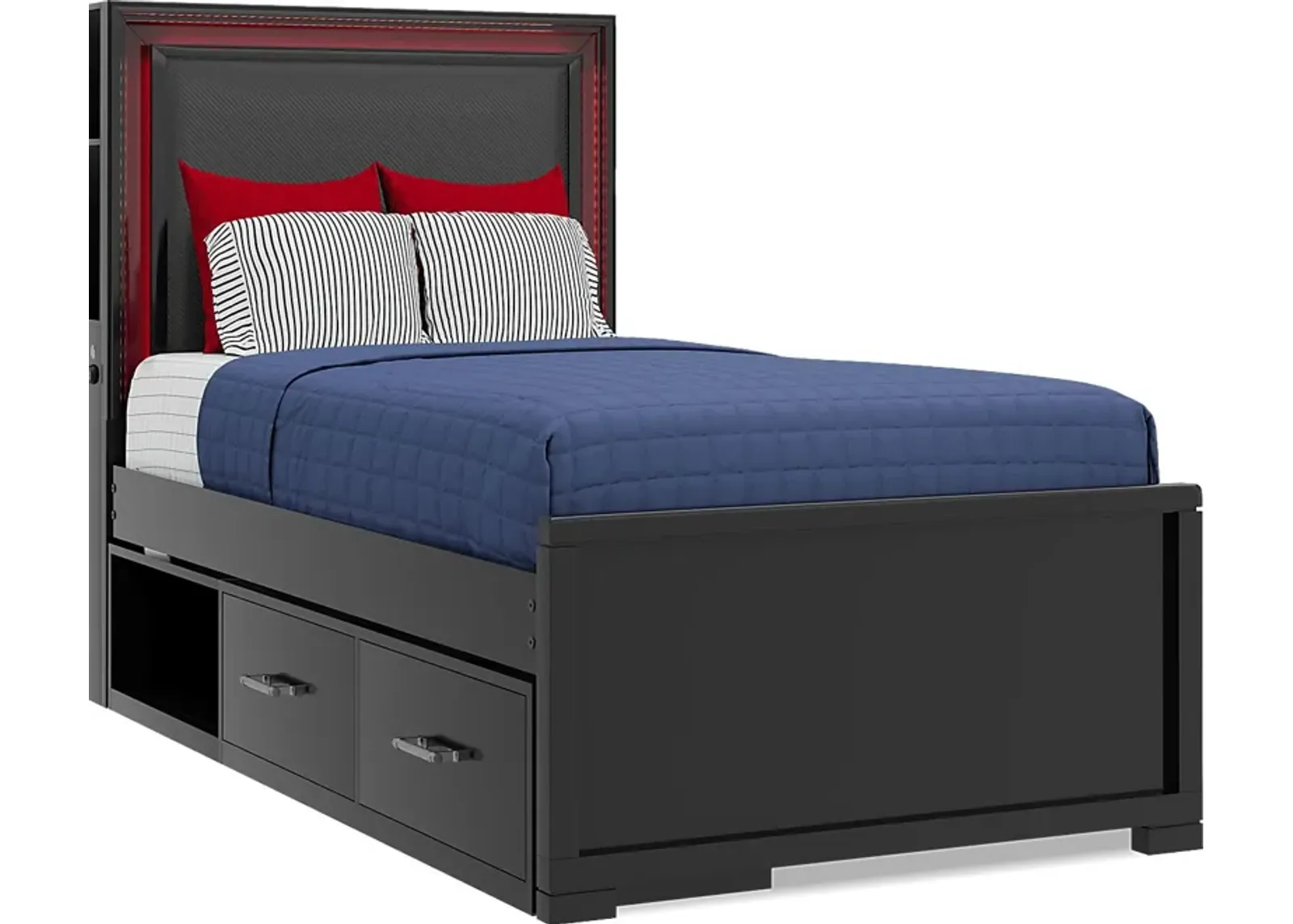 Kids Carbon Optix Black 4 Pc Twin Storage Bed with LED Lights