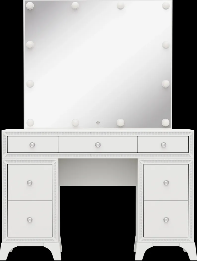 Kids Alyssa White Double Pedestal Vanity with Hollywood Mirror