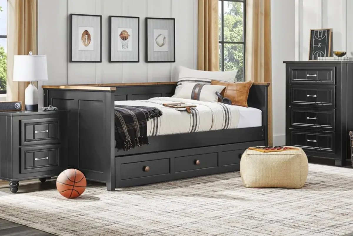 Kids Sugar Hollow Black Twin Daybed Bedroom with Cottage Colors Chest and Nightstand