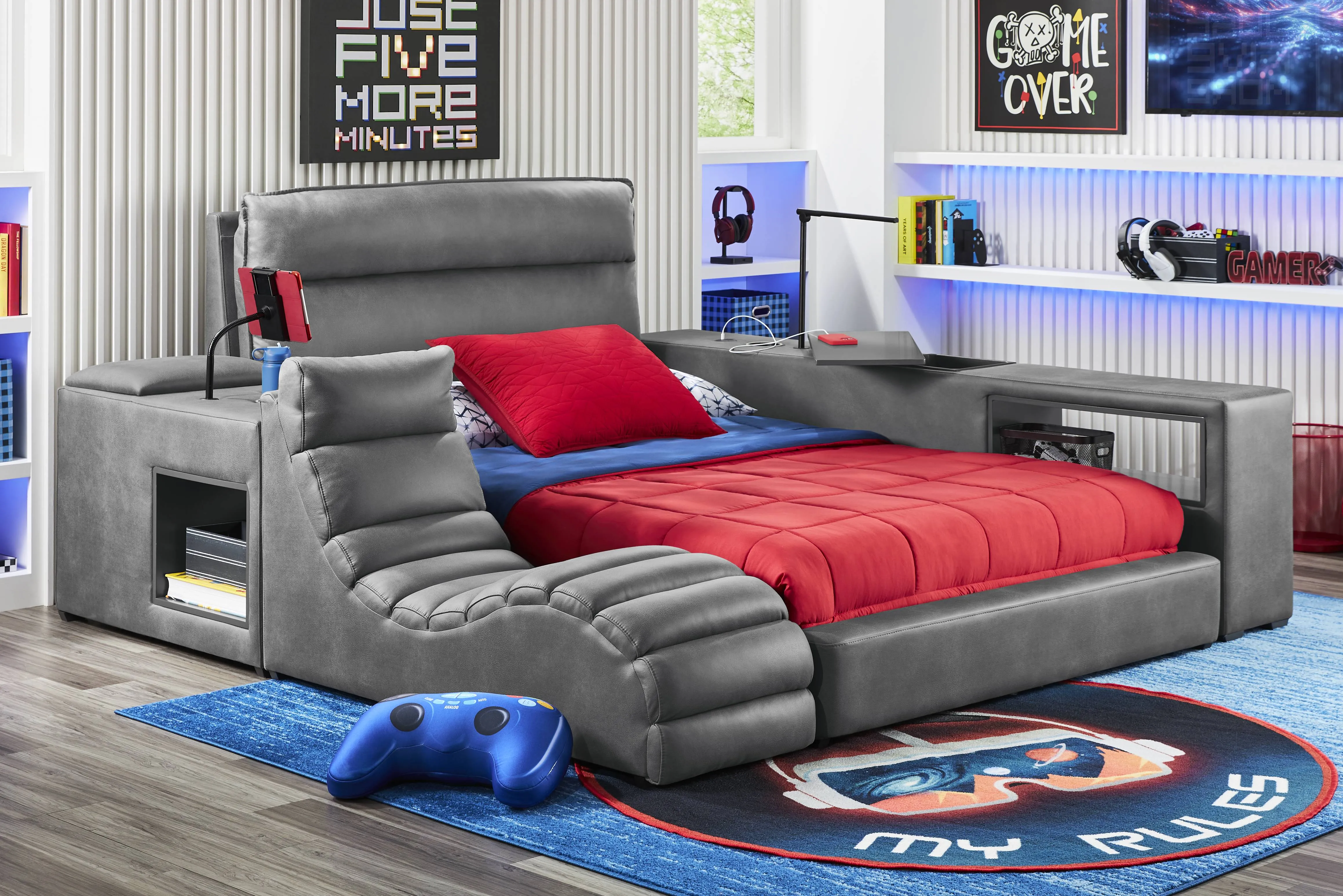 Kids Cloud9 Charcoal Full Upholstered Bed with Nightstand and Lounger