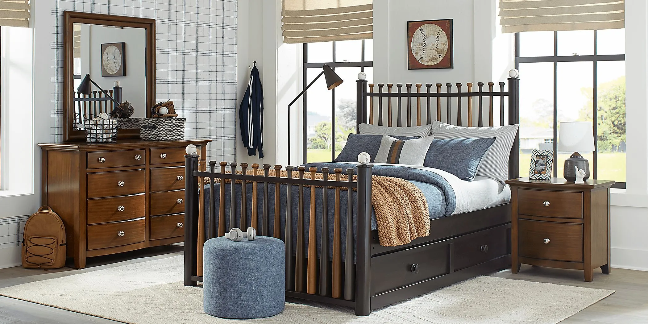 Kids Santa Cruz Brown Cherry 5 Pc Bedroom with Batter Up Stained Twin Baseball Bat Bed