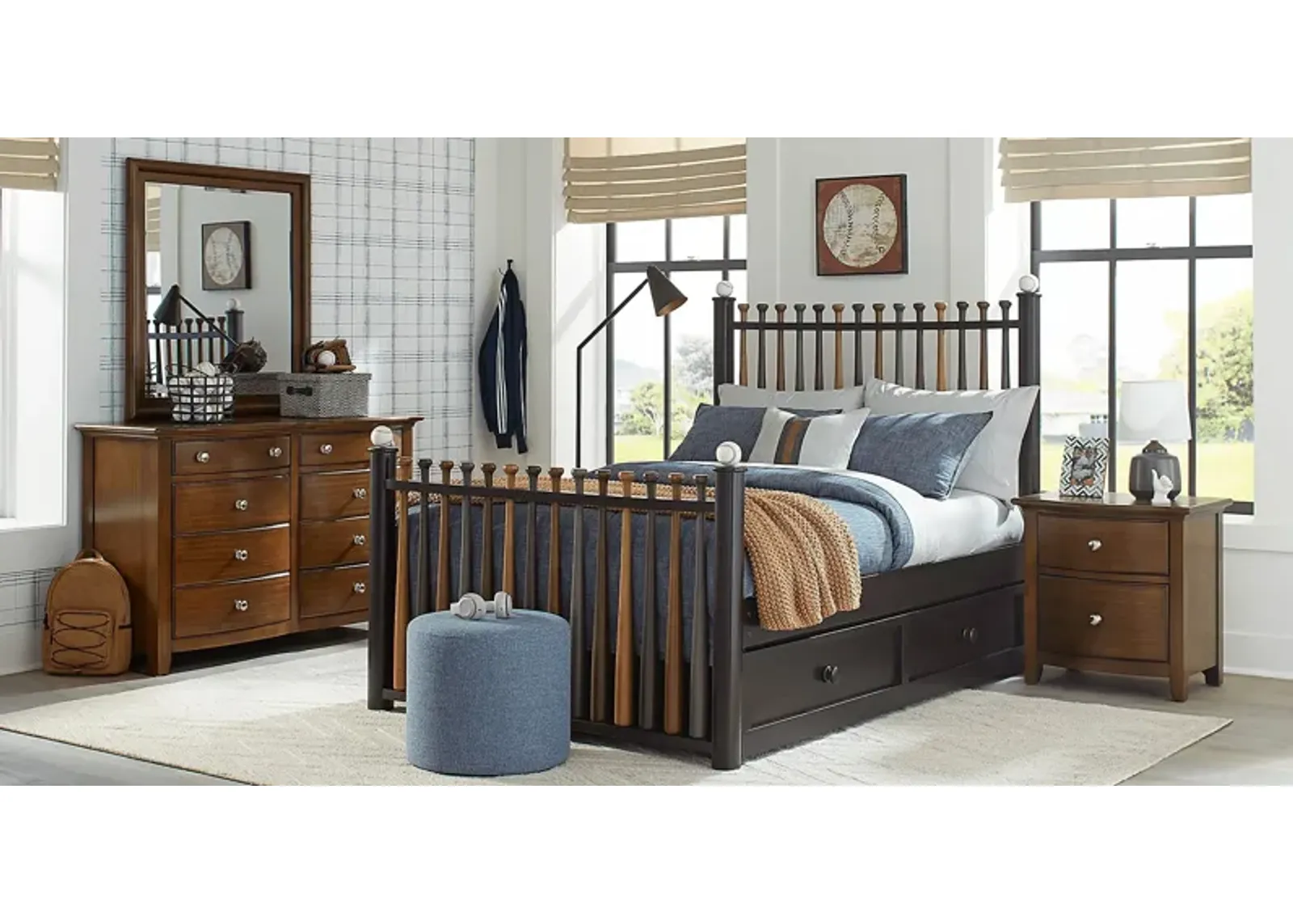 Kids Santa Cruz Brown Cherry 5 Pc Bedroom with Batter Up Stained Twin Baseball Bat Bed