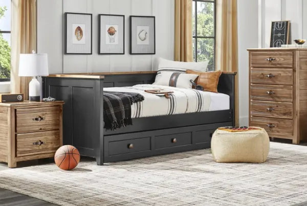 Kids Sugar Hollow Black Twin Daybed Bedroom with Creekside 2.0 Chestnut Chest and Nightstand
