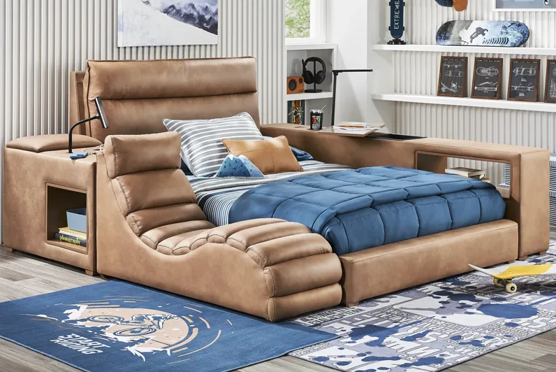 Kids Cloud9 Saddle Full Upholstered Bed with Nightstand and Lounger