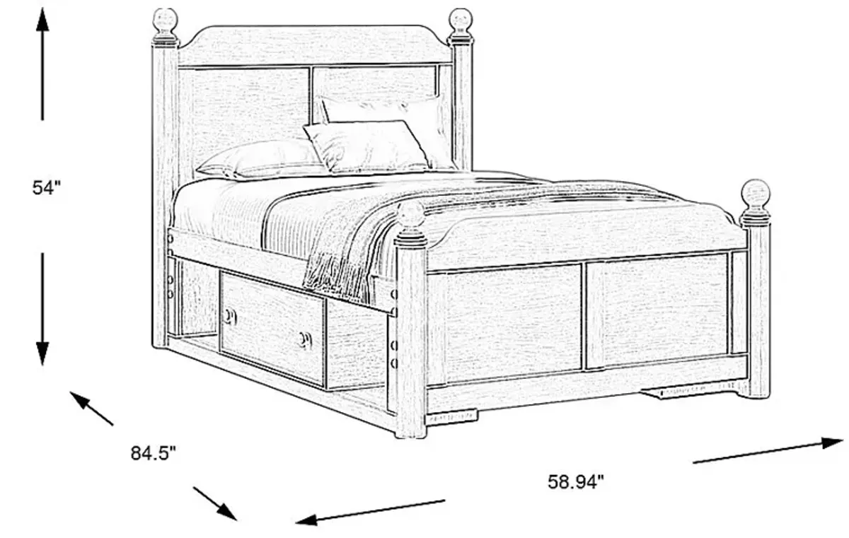 Kids South Bend Washed White 3 Pc Full Poster Bed with 2 Storage Side Rails