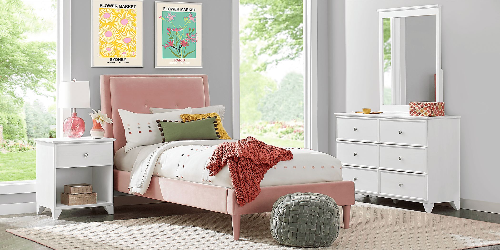 Kids Springtown White Wash 5 Pc Bedroom with Jaidyn Pink Twin Upholstered Bed